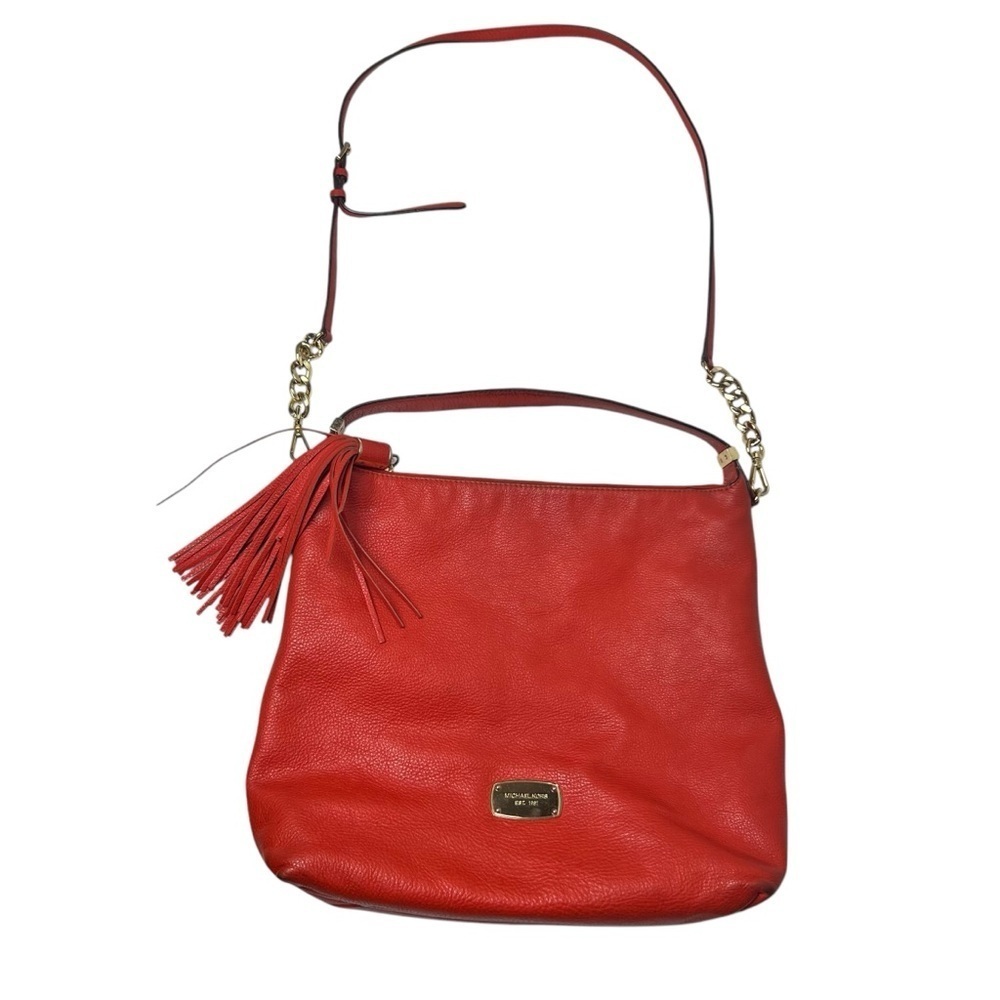 Michael Kors Hobo Bag Orange Red Soft Pebbled Leather with Tassel Large 2 Straps - Picture 14 of 15